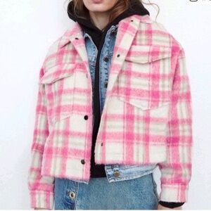 Zara Pink White Plaid Fuzzy Cropped Jacket Shacket Size S